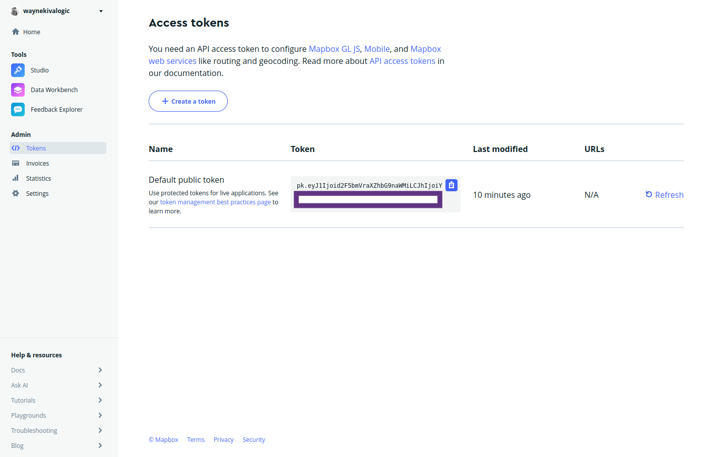 Mapbox Access tokens page showing the Default public token and copy icon