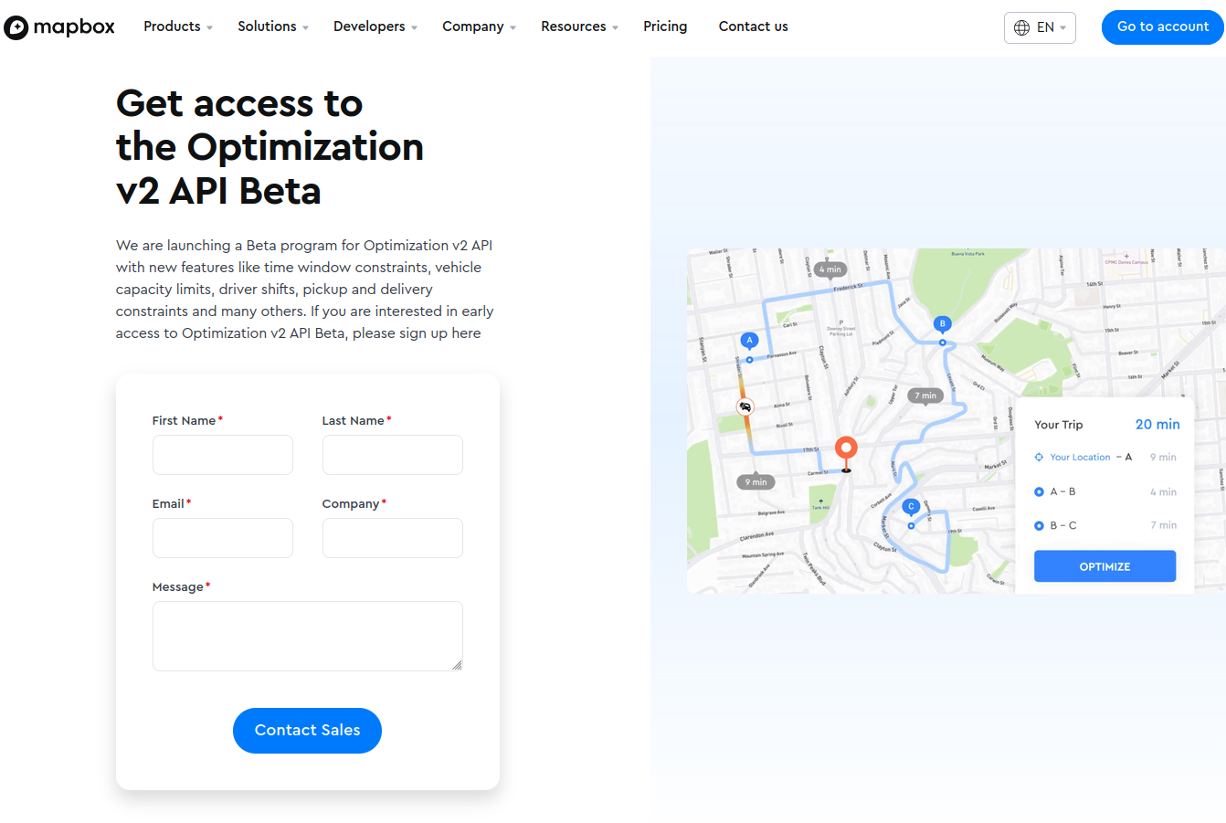 Mapbox "Get access to the Optimization v2 API Beta" request form