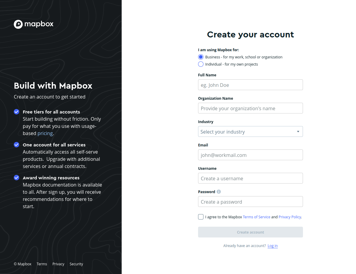 Mapbox "Create your account" signup page