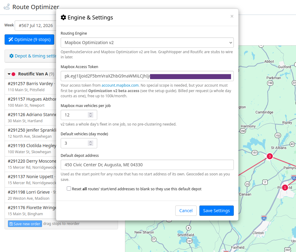 Route Optimizer Engine & Settings with Mapbox Optimization v2 selected and a token pasted
